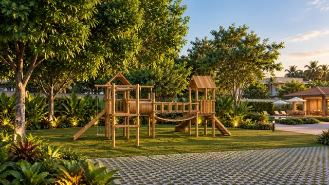 Parque infantil de madeira sobre gramado, cercado por árvores