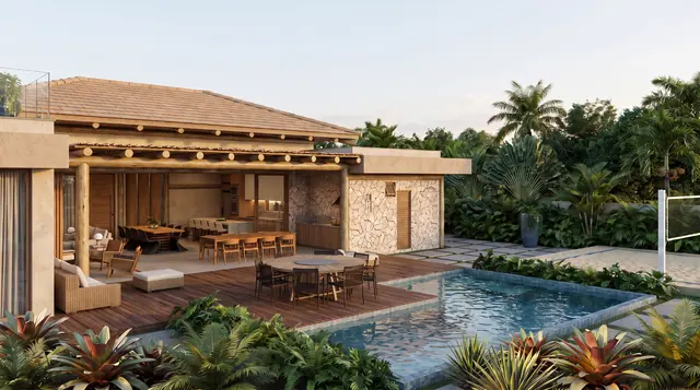 Modelo de casa com piscina, deck de madeira e varanda